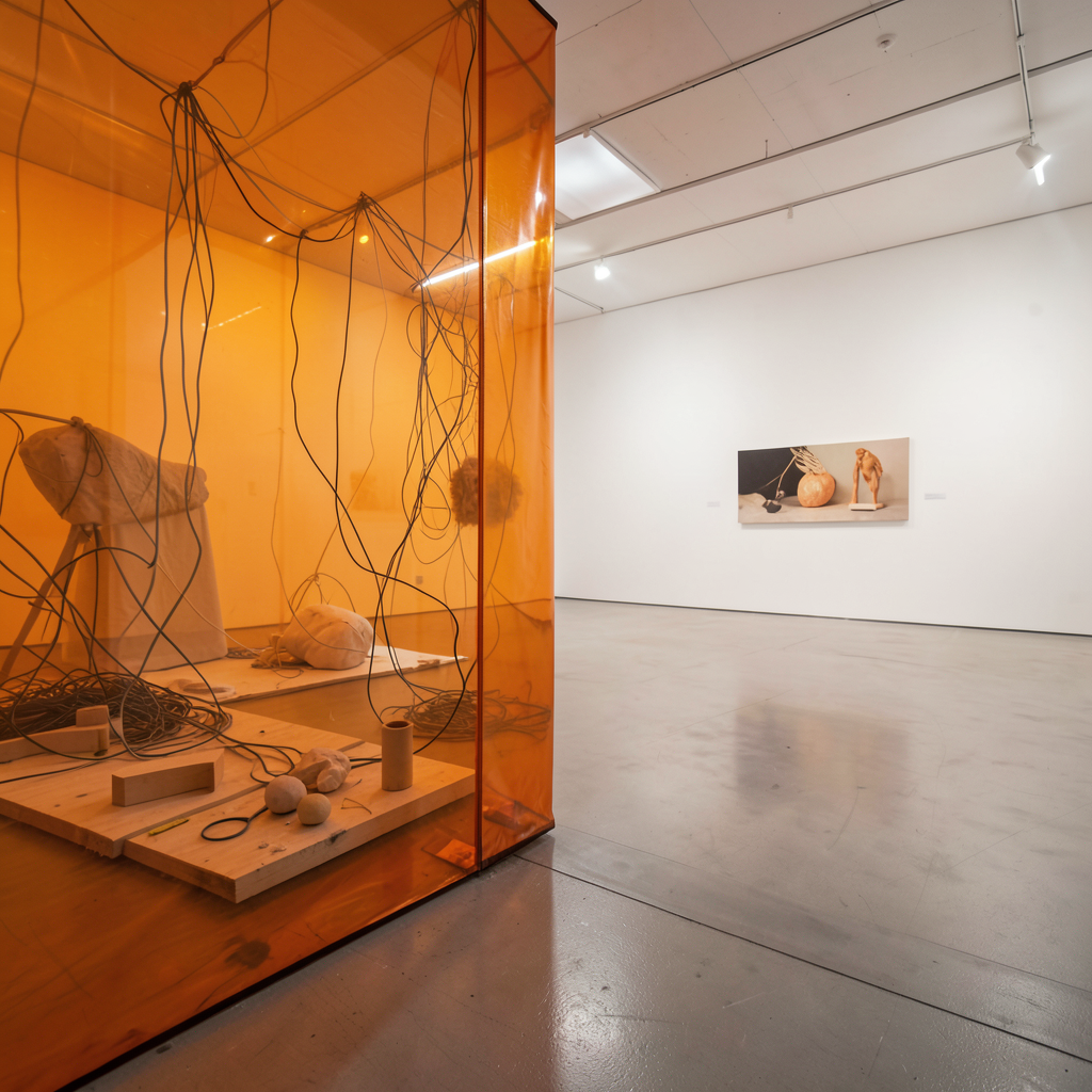 Bourriaud — ateliê visto através de membrana amber, obra em processo